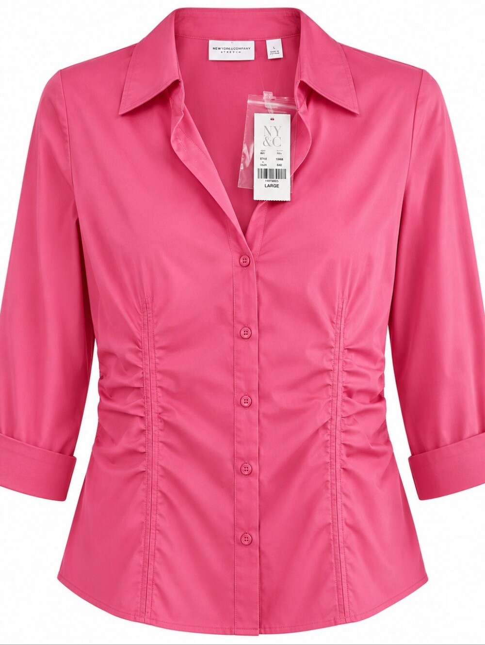 NWT New York & Co Womens Pink Ruched 3/4 Sleeve Button Up Shirt Sz L Work Office